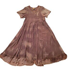 URU Tie Dye 2 Brown Short Sleeve Silk Maxi Dress Braided Trim USA Boho Lagenlook